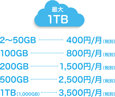 最大1TB、1TB（1000GB）：3,500円/月（税別）